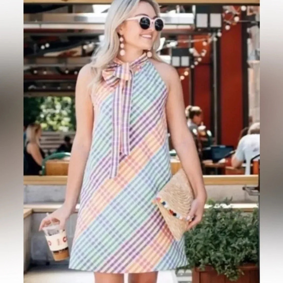 J. Crew Tie Bow Neck Mulitcolor Rainbow Gingham Print Shift Dress Size 6 S Small - Picture 11 of 11